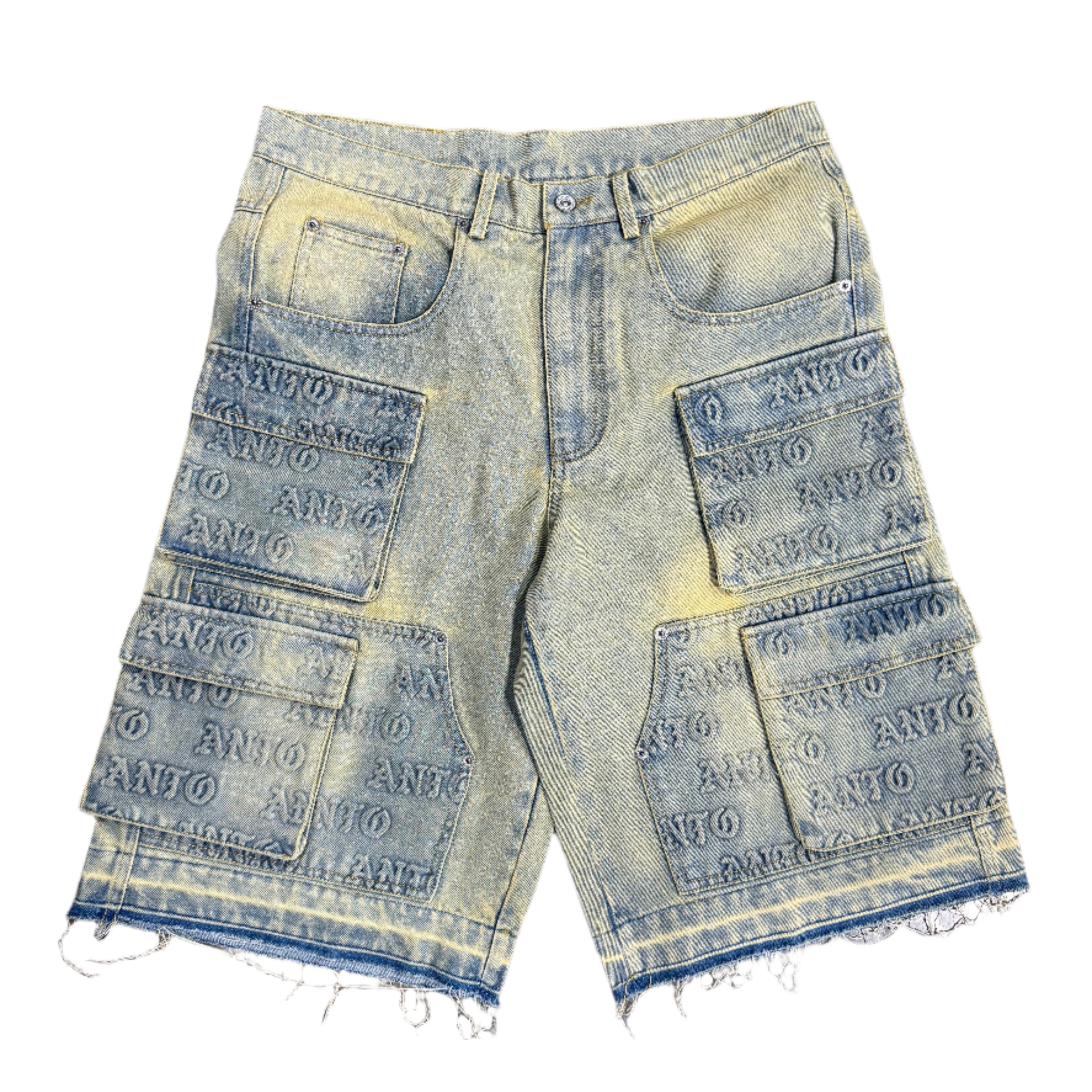 DENIM EMBOSSED CARGO SHORT - FADED BLUE