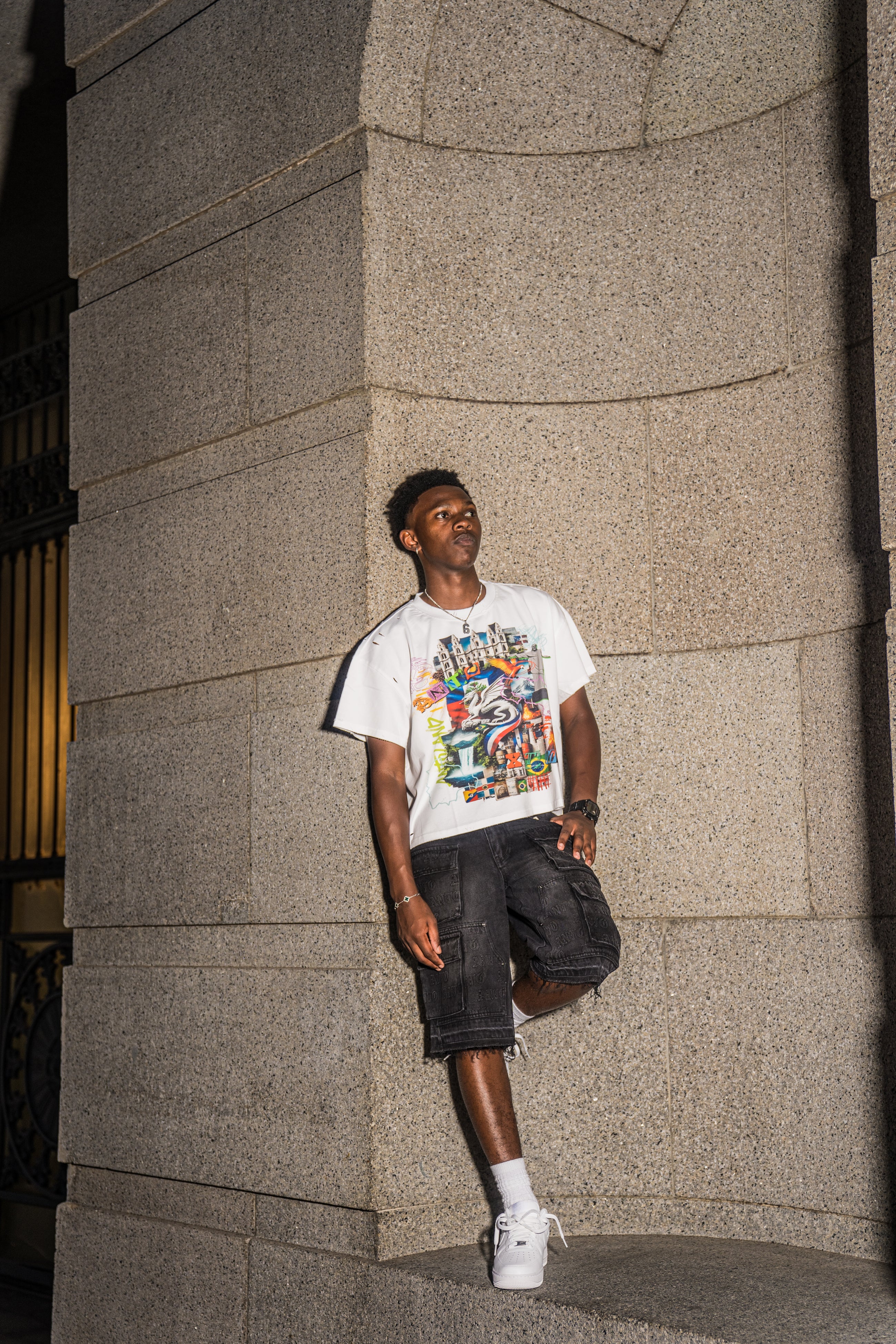 DENIM EMBOSSED CARGO SHORT- FADED BLACK