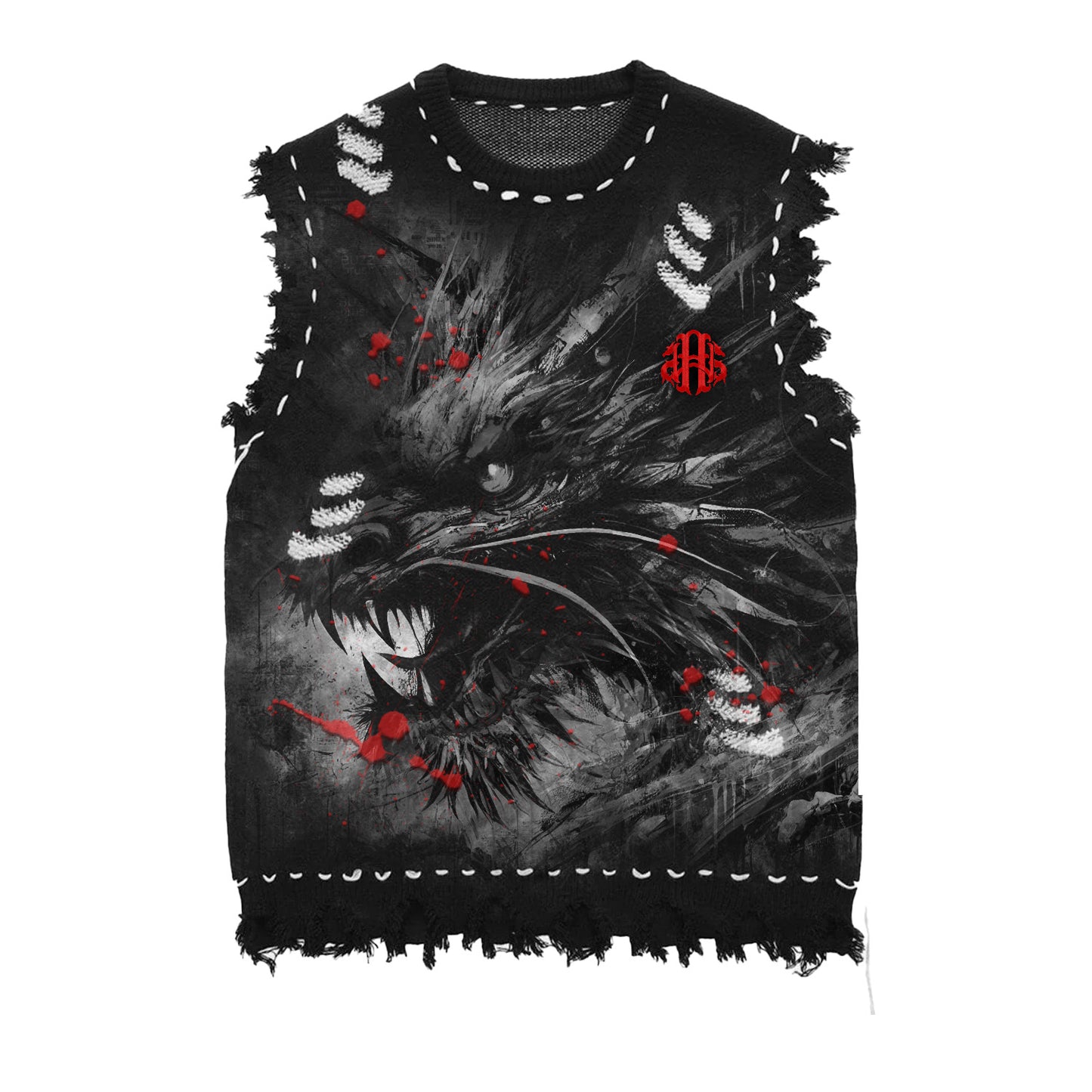 DISTRESSED BEAST KNITTED VEST 'BLACK'