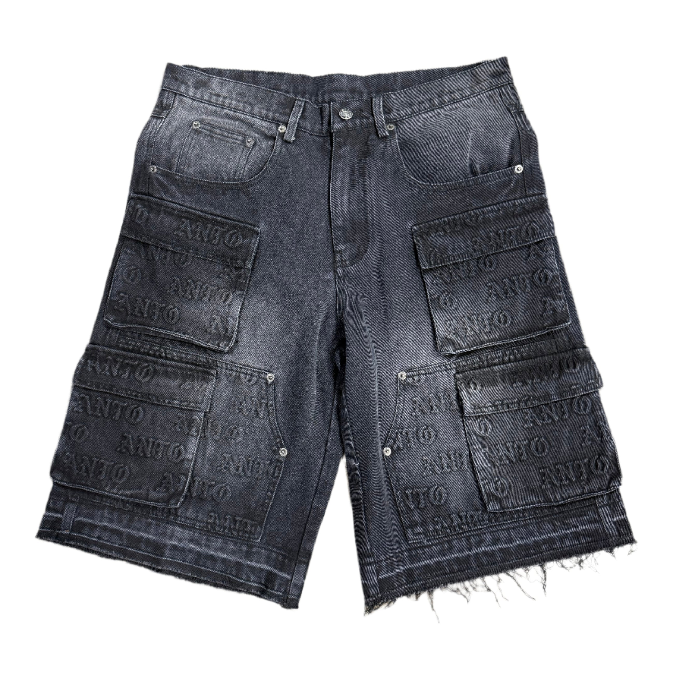 DENIM EMBOSSED CARGO SHORT- FADED BLACK