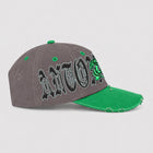 Front view of ANTOXTMS tan and brown distressed cap with yellow dragon graphic