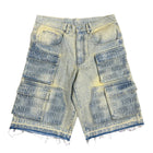 DENIM EMBOSSED CARGO SHORT - FADED BLUE