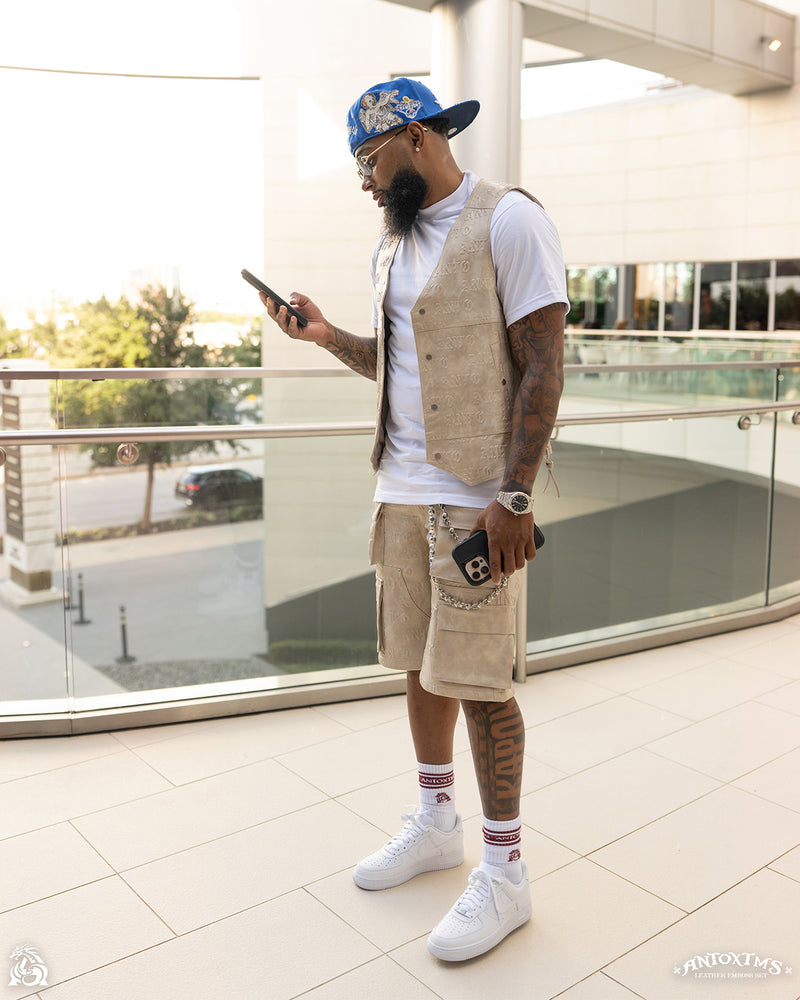 BEIGE EMBOSS LEATHER DENIM VEST