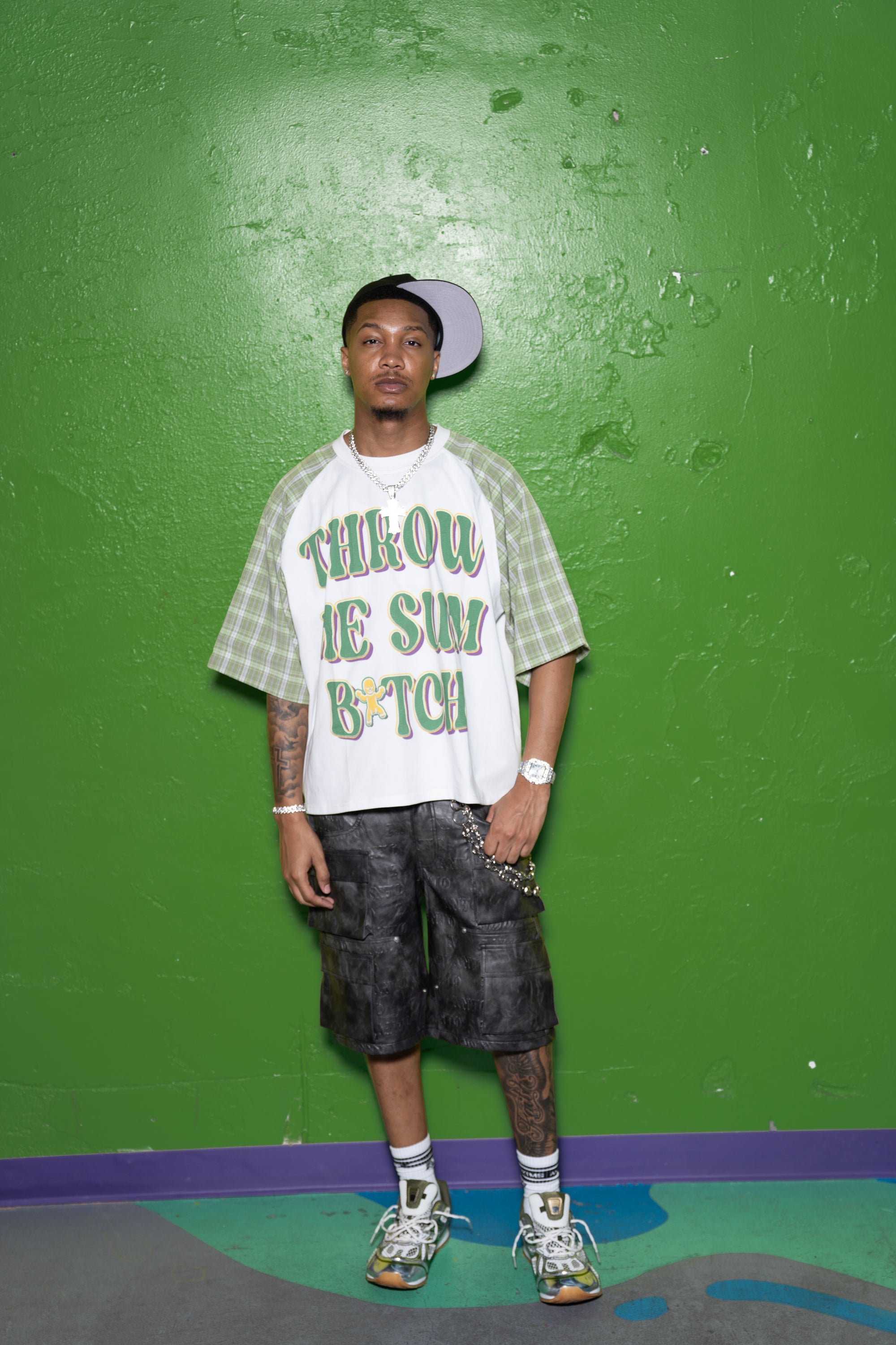 MG RAGLAN S/S TEE GREEN PLAID 'THROW ME SUM B*TCH'
