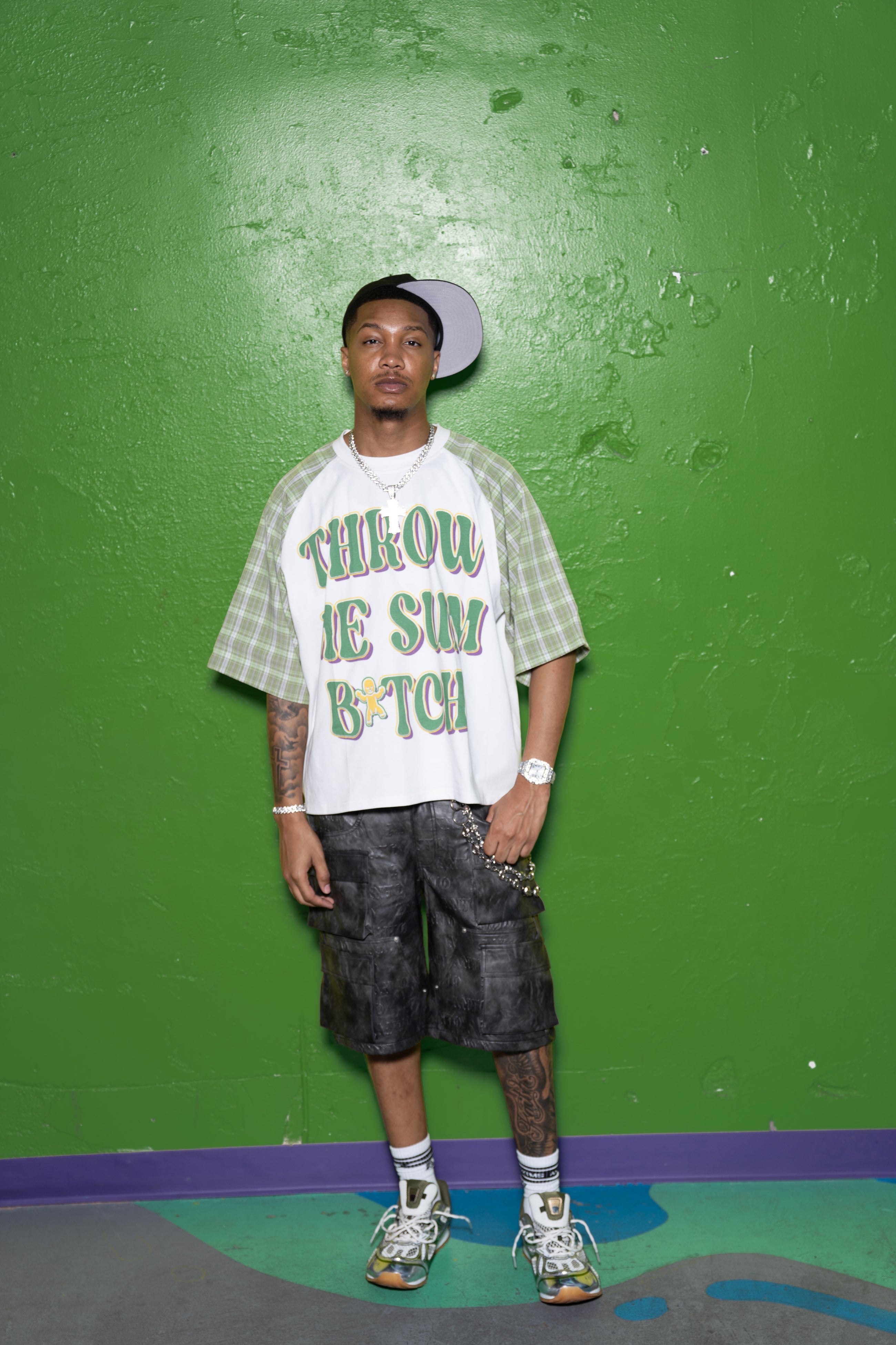 MG RAGLAN S/S TEE GREEN PLAID 'THROW ME SUM B*TCH'