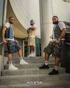 BLUE EMBOSS LEATHER DENIM CARGO SHORTS