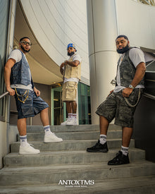 BLUE EMBOSS LEATHER DENIM CARGO SHORTS