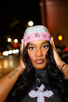 LEATHER STUDDED BIKER CAP - STEEL GREY x PINK