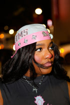 LEATHER STUDDED BIKER CAP - STEEL GREY x PINK