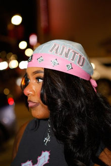 LEATHER STUDDED BIKER CAP - STEEL GREY x PINK