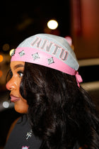 LEATHER STUDDED BIKER CAP - STEEL GREY x PINK