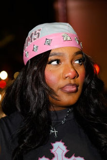 LEATHER STUDDED BIKER CAP - STEEL GREY x PINK