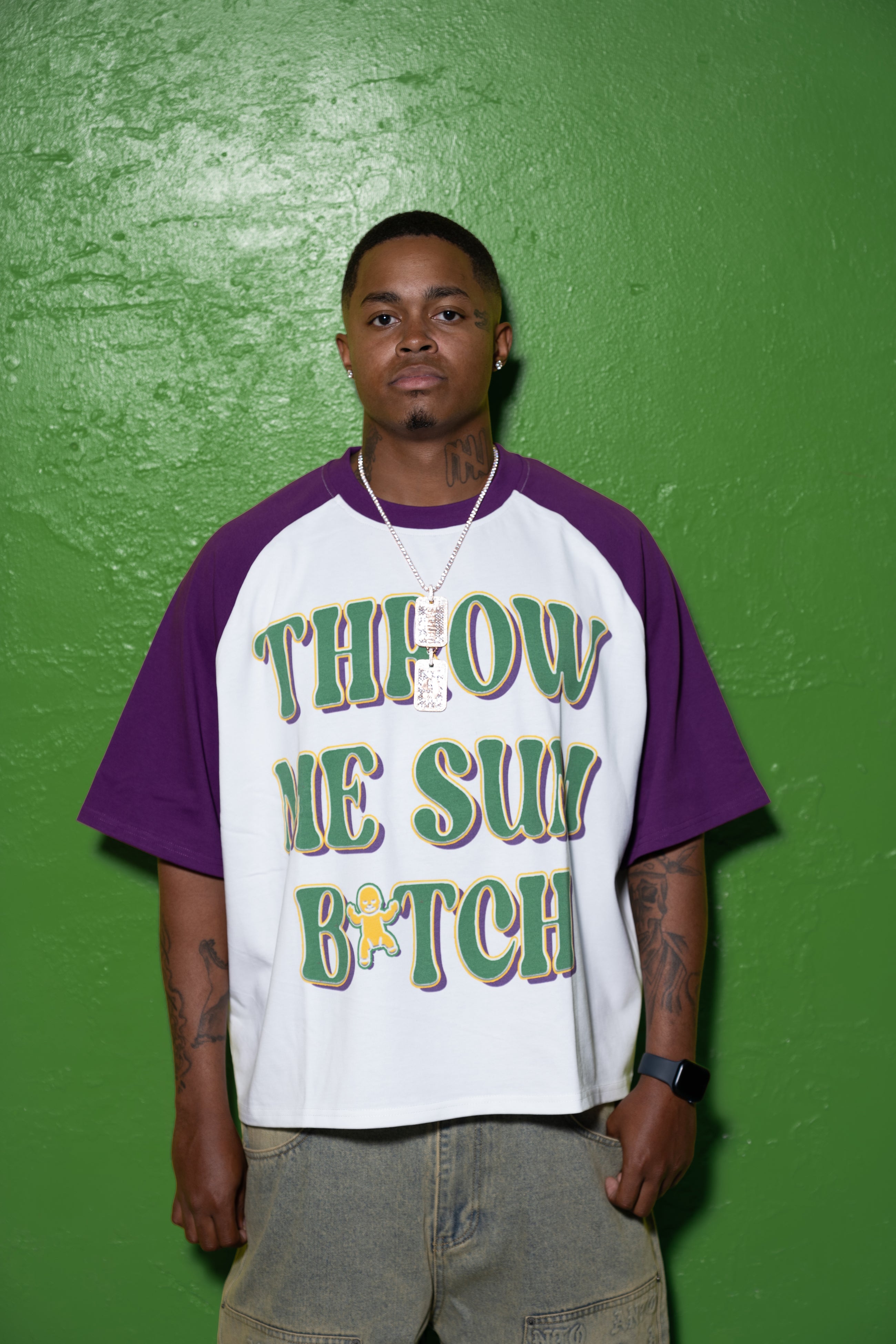 MG RAGLAN S/S TEE PURPLE 'THROW ME SUM B*TCH'