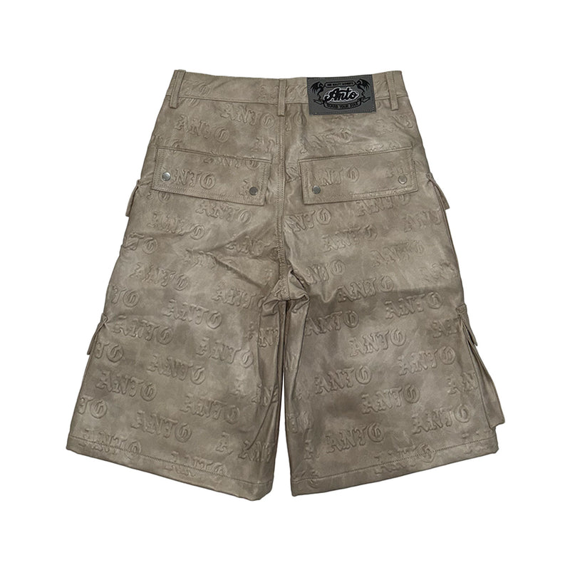 BEIGE EMBOSS LEATHER DENIM CARGO SHORTS