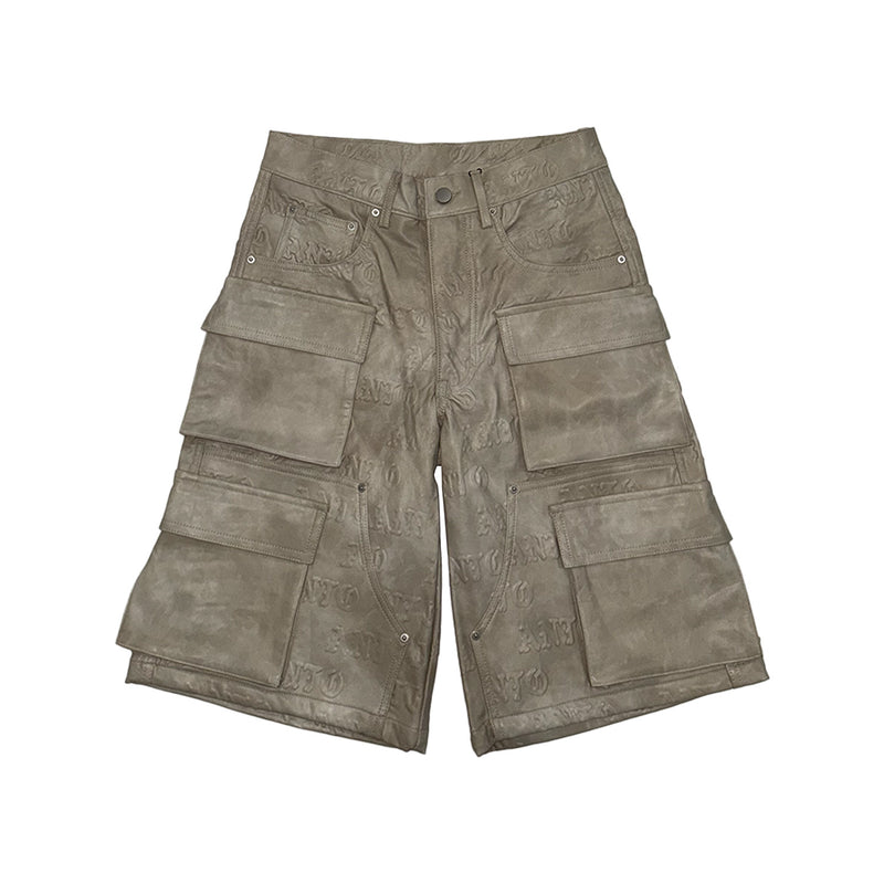 BEIGE EMBOSS LEATHER DENIM CARGO SHORTS