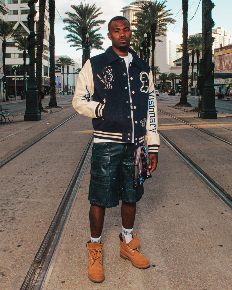 BLUE EMBOSS LEATHER DENIM CARGO SHORTS