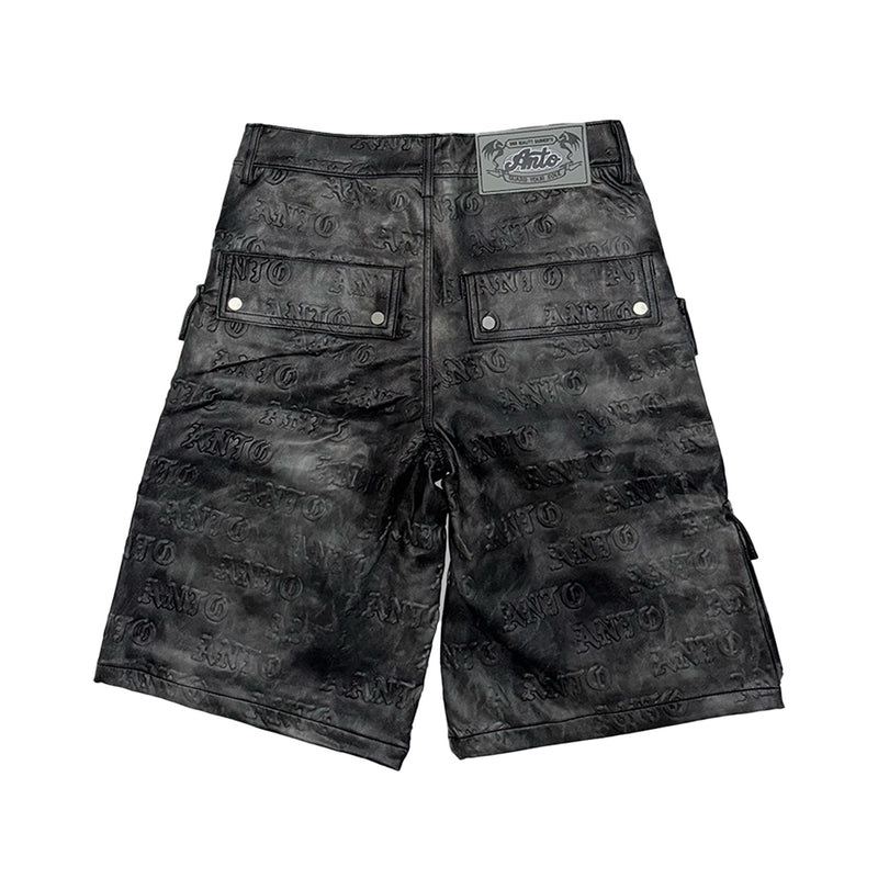BLACK EMBOSS LEATHER DENIM CARGO SHORTS
