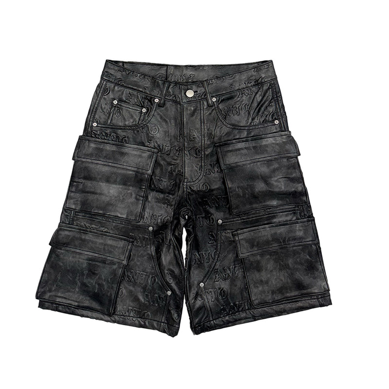 BLACK EMBOSS LEATHER DENIM CARGO SHORTS
