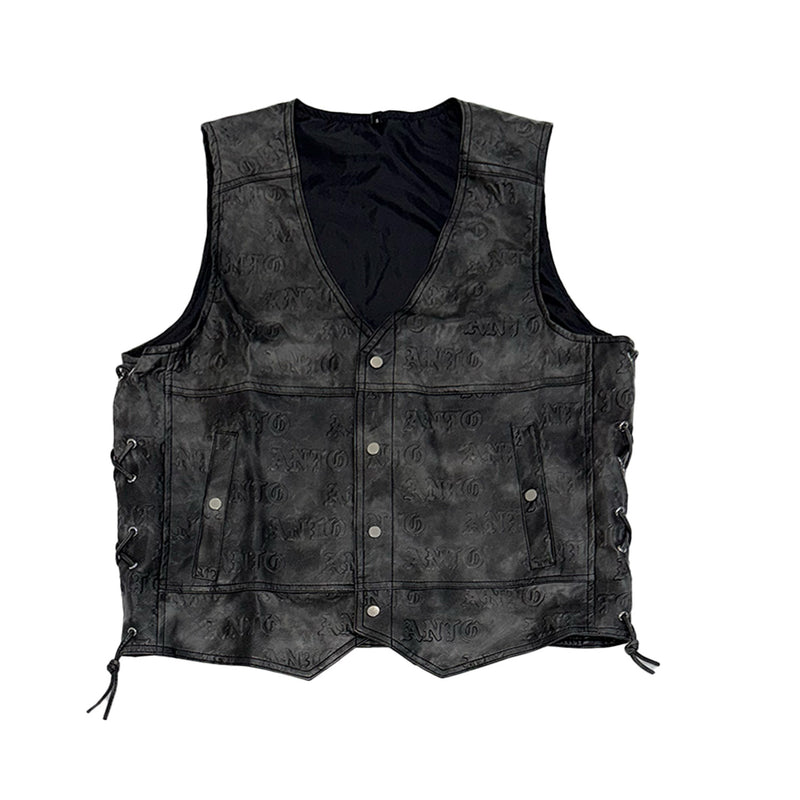 BLACK EMBOSS LEATHER DENIM VEST