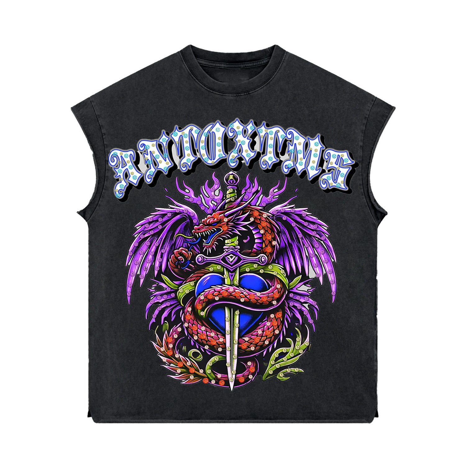 Rhinestone 'Anto 1975' Sleeveless Shirt - BLACK
