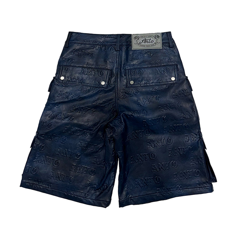 BLUE EMBOSS LEATHER DENIM CARGO SHORTS