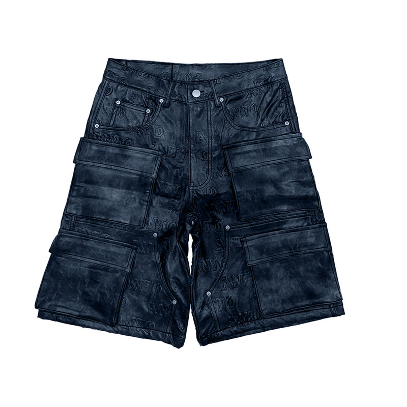 BLUE EMBOSS LEATHER DENIM CARGO SHORTS