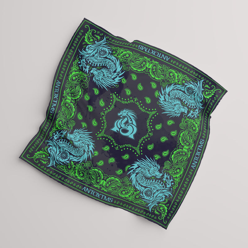 PAISLEY DRAGON SPLASH BANDANA - BLUE x GREEN 33x34