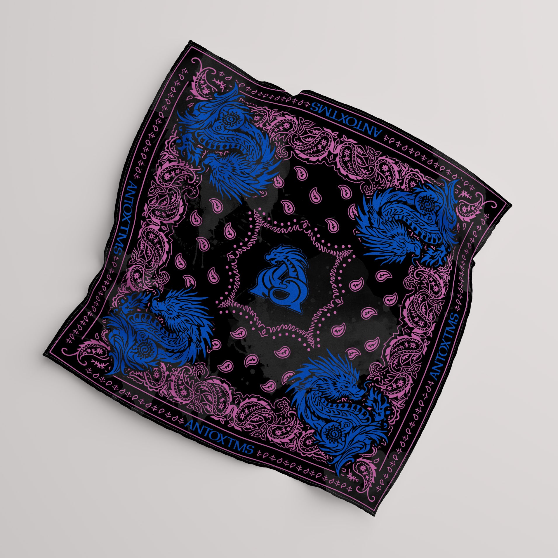 PAISLEY DRAGON SPLASH BANDANA - BLACK x ROYAL 33x34