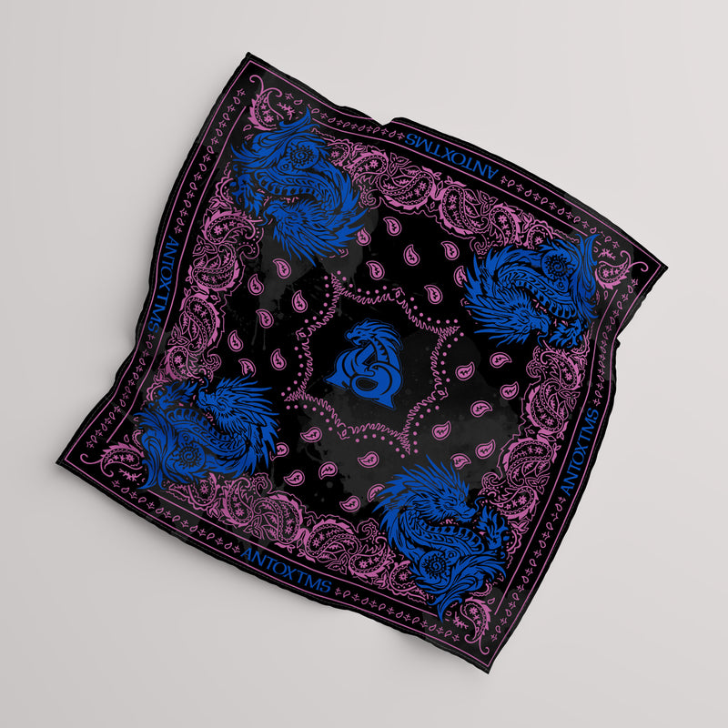 PAISLEY DRAGON SPLASH BANDANA - BLACK x ROYAL 33x34