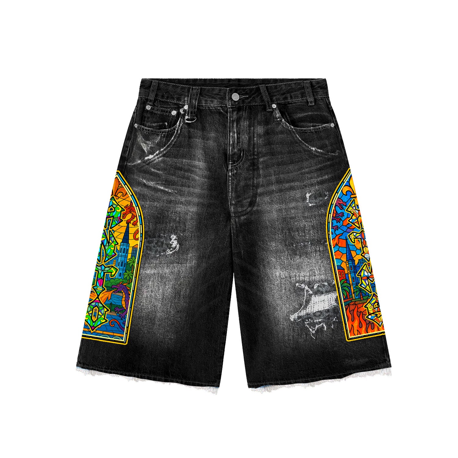MOSAIC DISTRESSED JORTS V2 - FADED BLACK