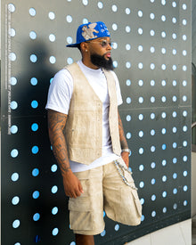 BEIGE EMBOSS LEATHER DENIM VEST