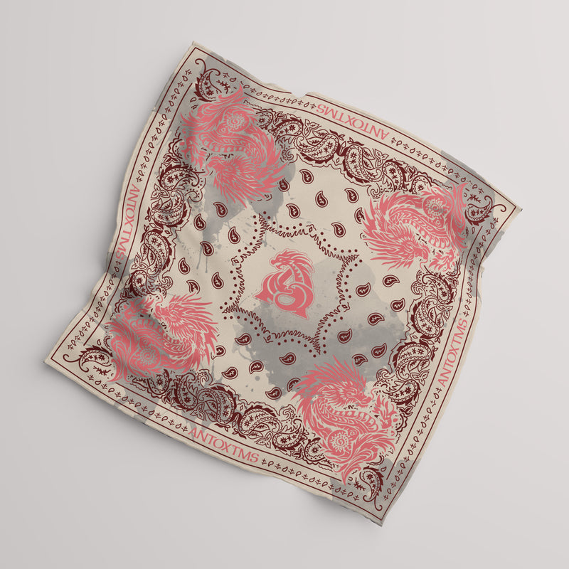 PAISLEY DRAGON SPLASH BANDANA - CREAM x PINK 33x34