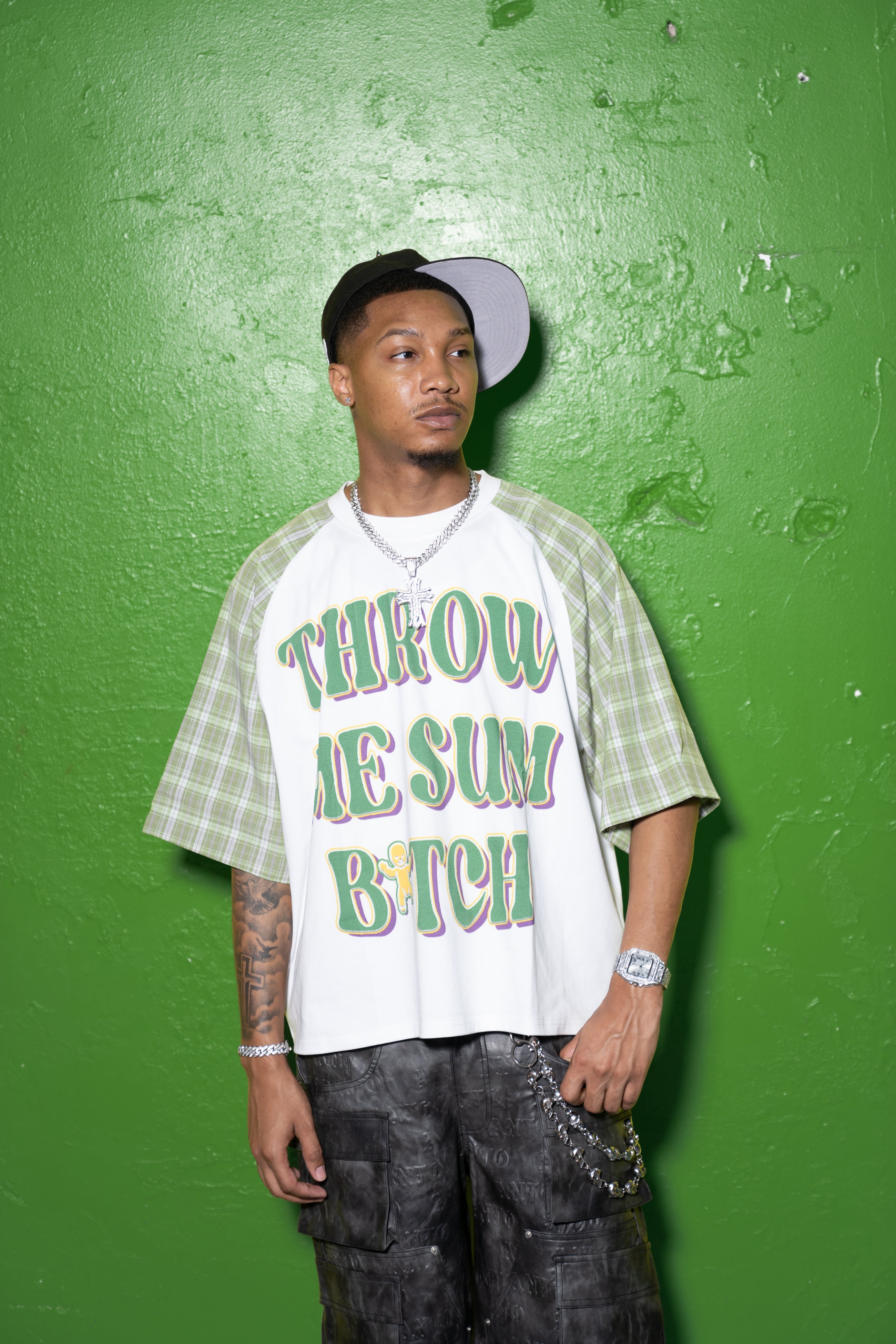 MG RAGLAN S/S TEE GREEN PLAID 'THROW ME SUM B*TCH'