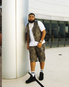 BLACK EMBOSS LEATHER DENIM CARGO SHORTS