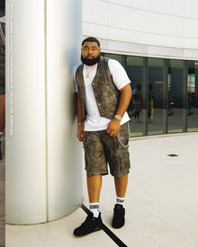 BLACK EMBOSS LEATHER DENIM CARGO SHORTS