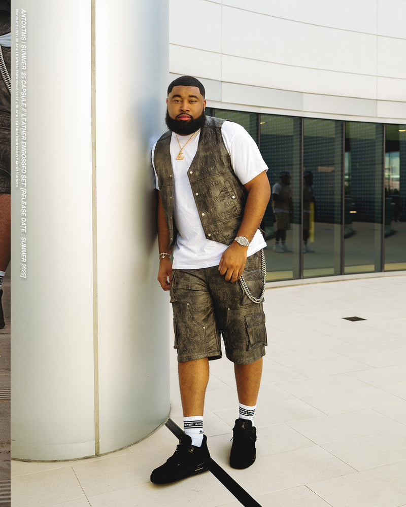 BLACK EMBOSS LEATHER DENIM VEST