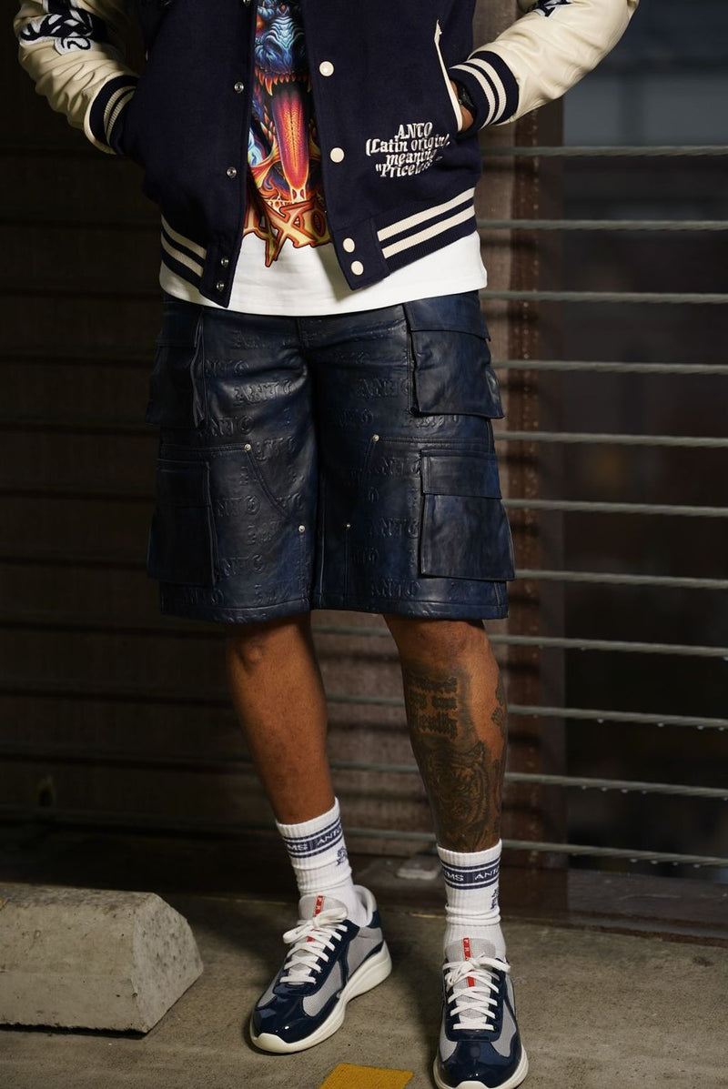 BLUE EMBOSS LEATHER DENIM CARGO SHORTS