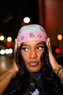 LEATHER STUDDED BIKER CAP - STEEL GREY x PINK