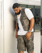 BLACK EMBOSS LEATHER DENIM CARGO SHORTS