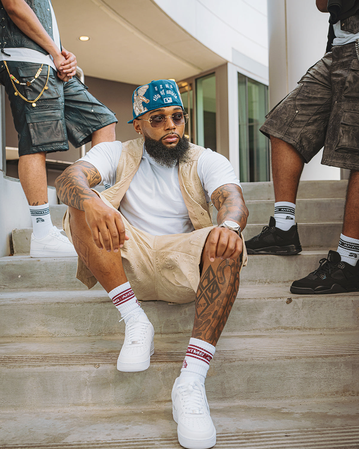 BEIGE EMBOSS LEATHER DENIM CARGO SHORTS