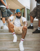 BEIGE EMBOSS LEATHER DENIM CARGO SHORTS