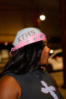 LEATHER STUDDED BIKER CAP - STEEL GREY x PINK