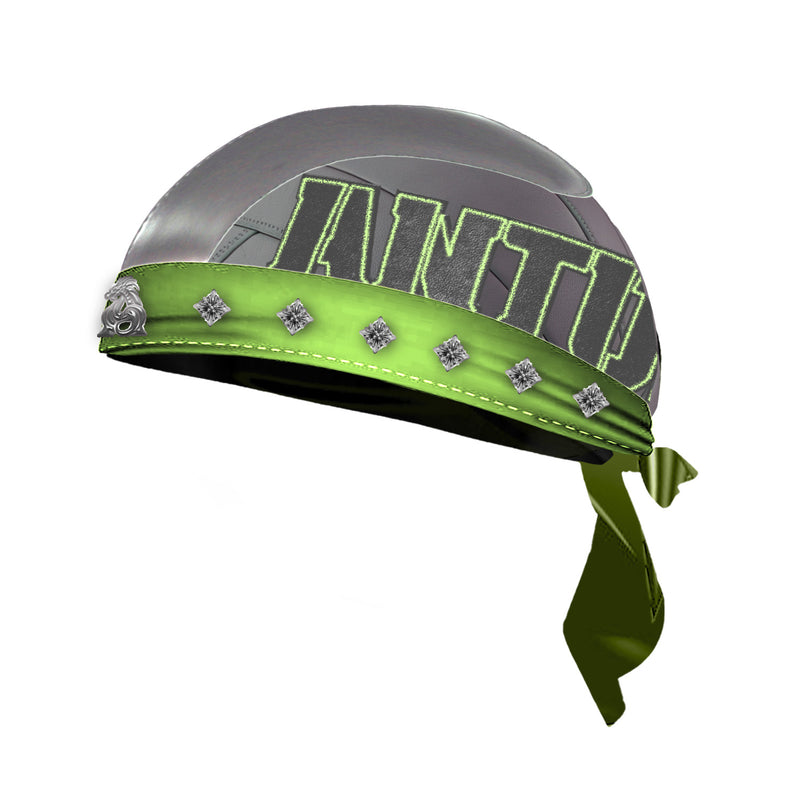LEATHER STUDDED BIKER CAP - STEEL GREY x GREEN