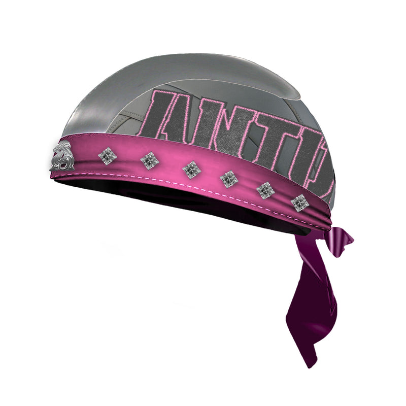 LEATHER STUDDED BIKER CAP - STEEL GREY x PINK